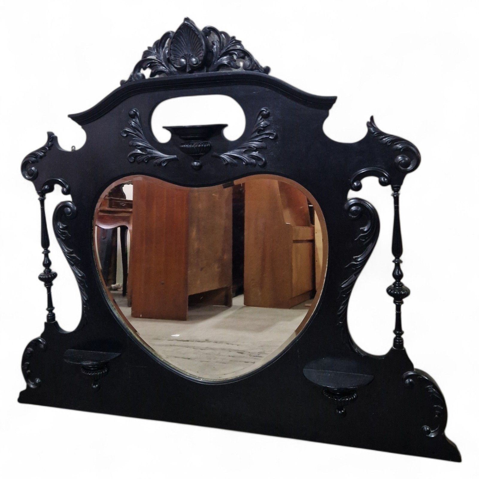 Victorian Overmantel Mirror Large Black Carved Heart Shaped Wall Mirror photo for sale