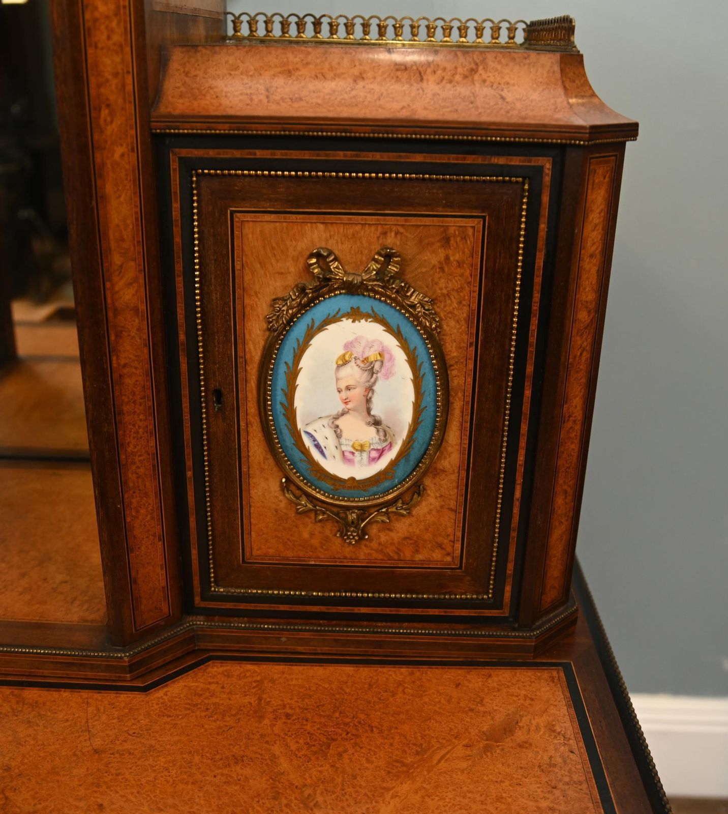 Furniture Victorian Bonheur De Jour Desk Amboyna Sevres Plaques 1860 photo