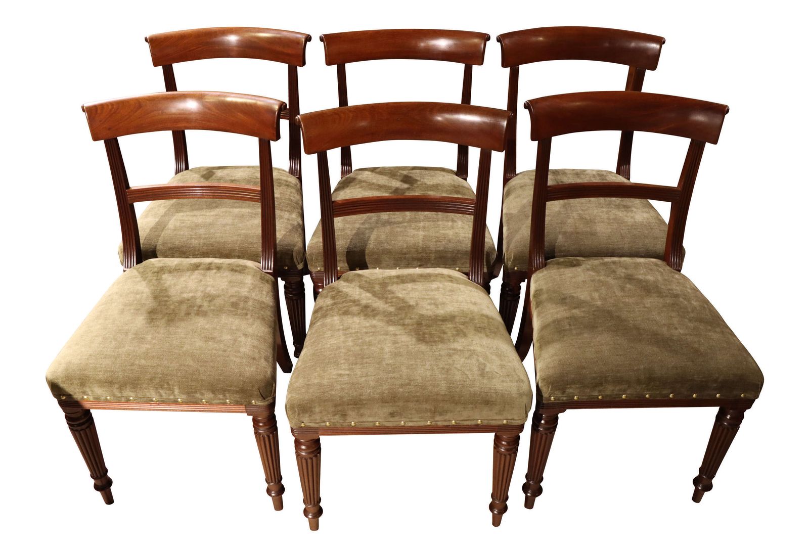 Set Of Six Regency Mahogany Bar Back Dining Chairs With Reeded Legs, Circa 1820 photo for sale