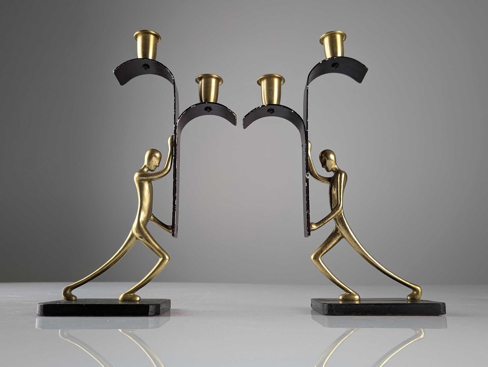 Pair Of Sculptural Bronze Candlesticks By Karl Hagenauer, 1940s