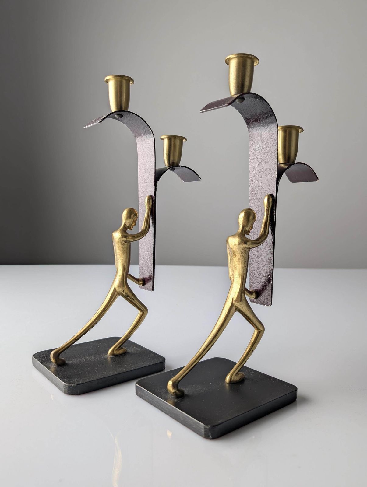 Pair Of Sculptural Bronze Candlesticks By Karl Hagenauer, 1940s photo vinterior