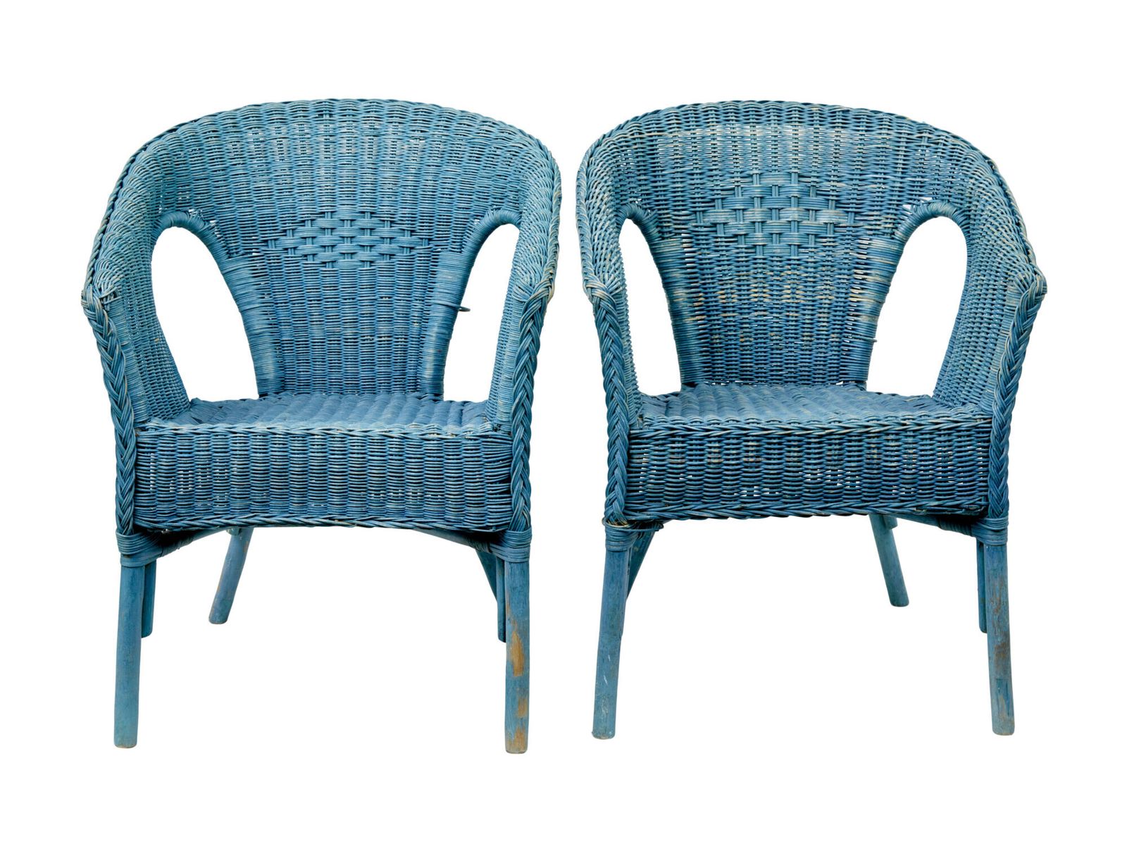 Pair Of Mid Century Blue Painted Wicker Armchairs