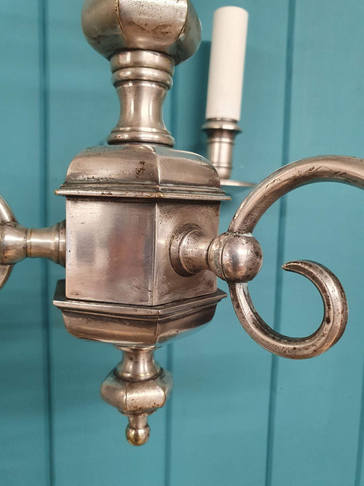 Pair Of Early 20th Century Nickel Silver Three Arm Chandeliers 15" photo Lighting