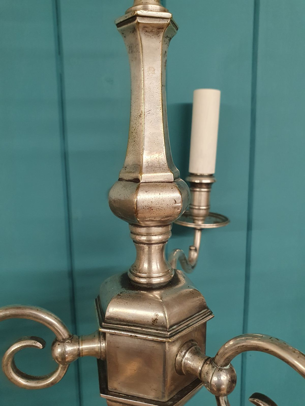 Pair Of Early 20th Century Nickel Silver Three Arm Chandeliers 15" photo vintage