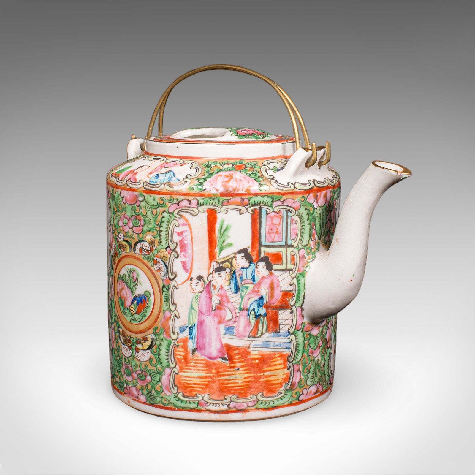 Antique Famille Rose Teapot, Oriental, Ceramic Chá Pot, Wicker Case, Circa 1920 photo furniture
