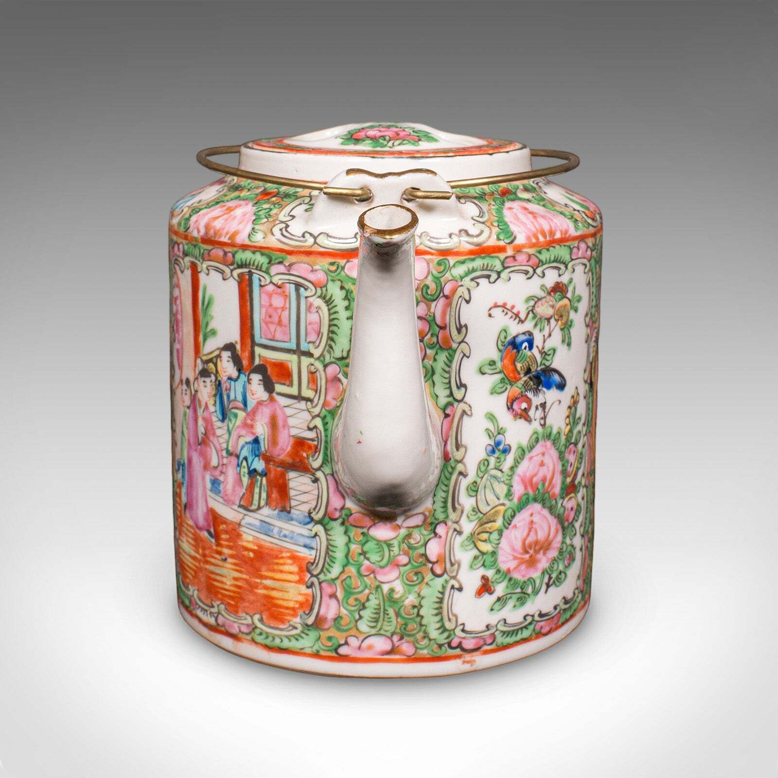 Antique Famille Rose Teapot, Oriental, Ceramic Chá Pot, Wicker Case, Circa 1920 photo for sale