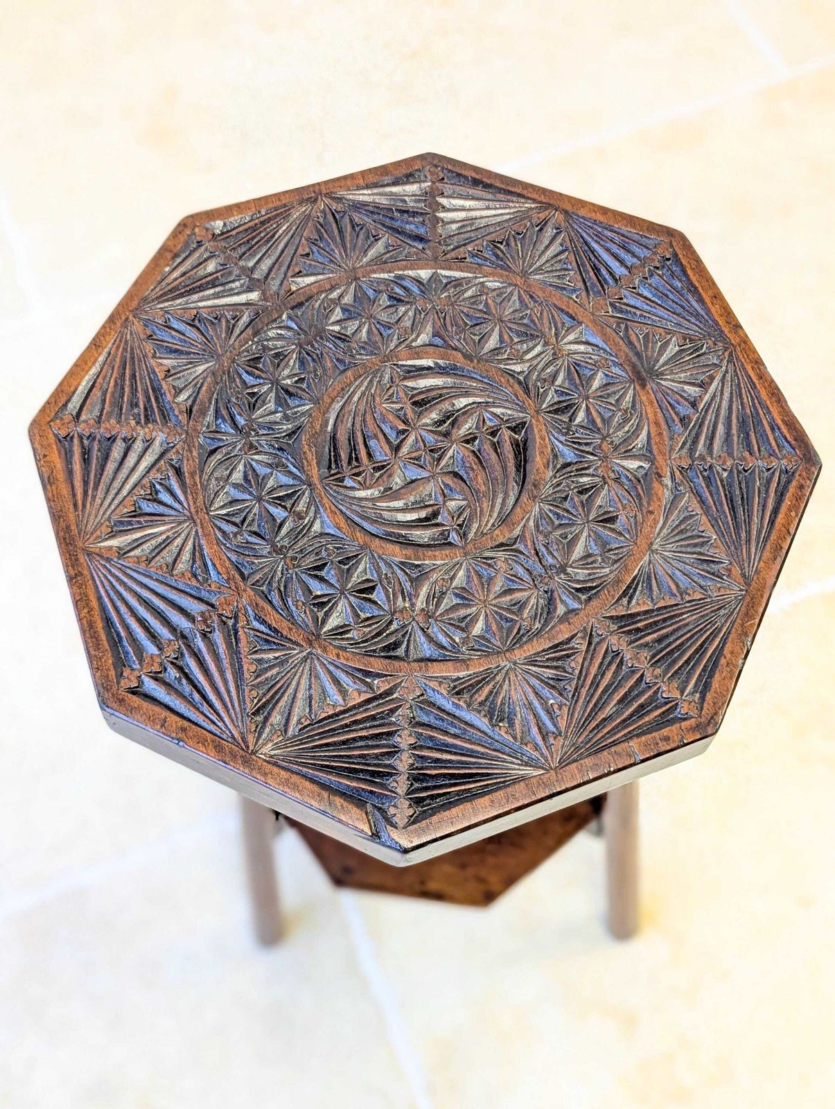 385.0 Antique Early 20th Century Carved Oak Tripod Occasional Table photo