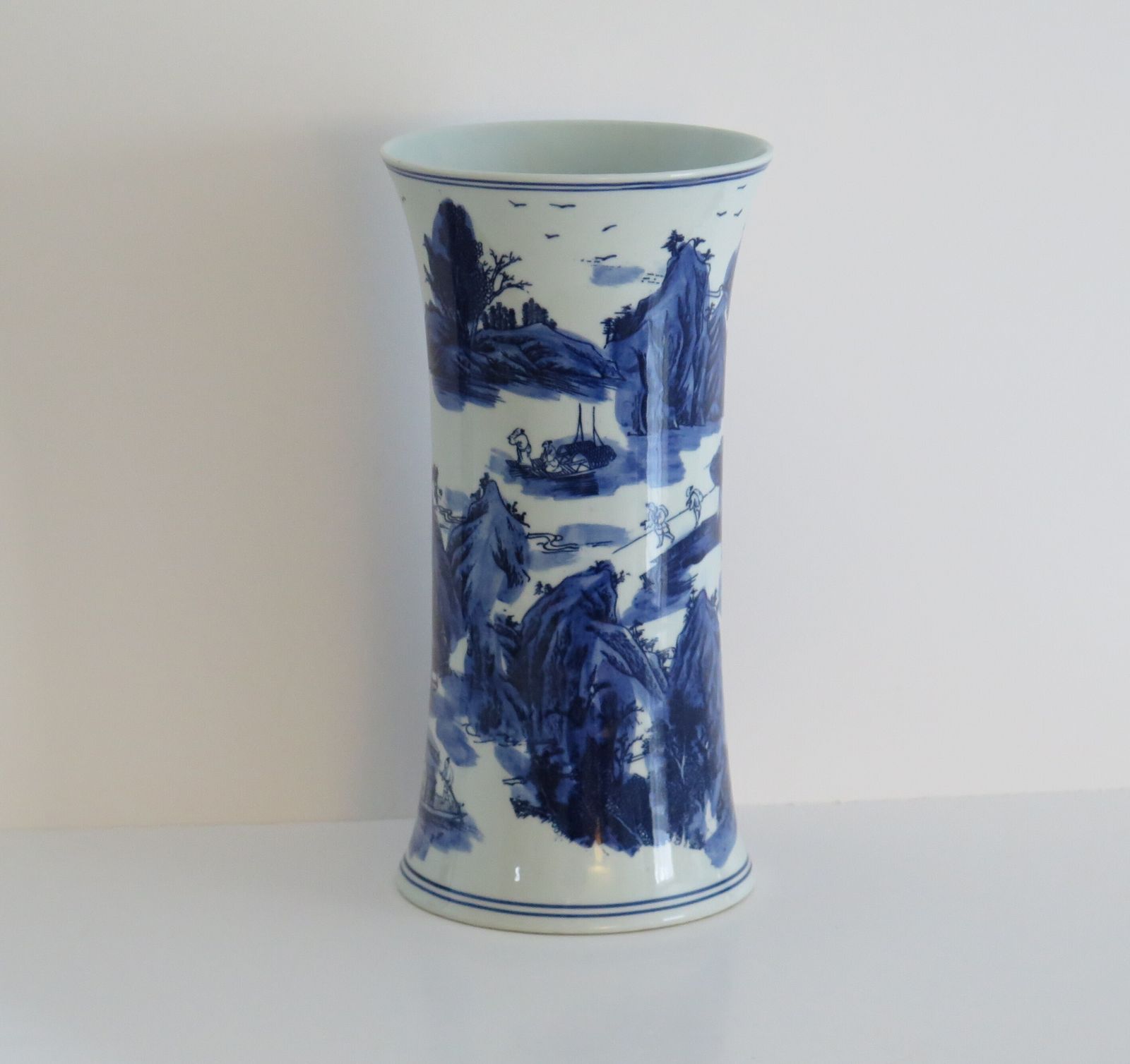 Large Chinese Porcelain Beaker Vase Blue And White Landscape Scene, Six Character Mark, 20th Century