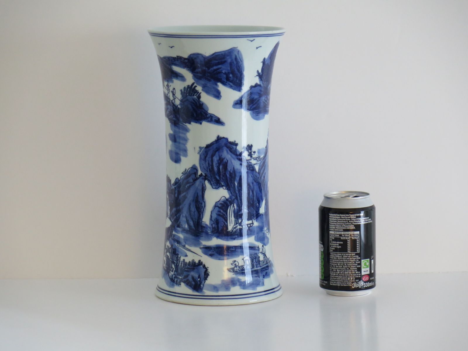 photo buy Large Chinese Porcelain Beaker Vase Blue And White Landscape Scene, Six Character Mark, 20th Century