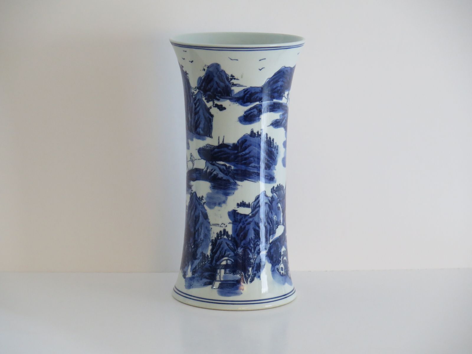 Large Chinese Porcelain Beaker Vase Blue And White Landscape Scene, Six Character Mark, 20th Century photo 275.0