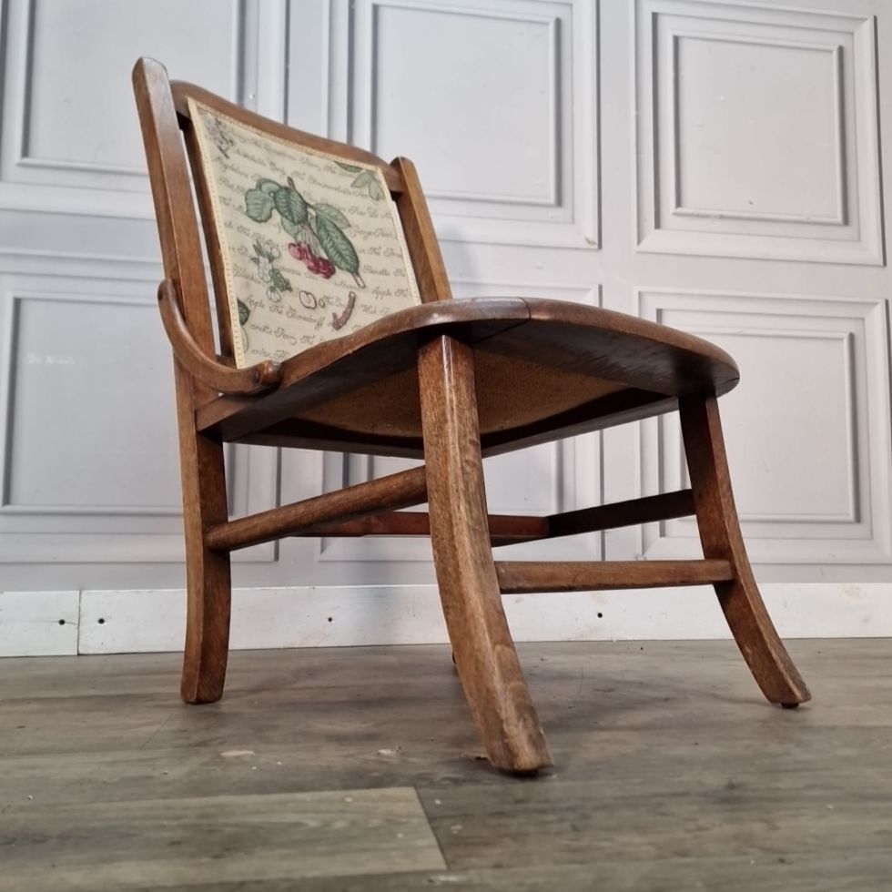 Antique Wooden Child's Chair Upholstered Seat Arts And Crafts Oak Vintage photo for sale