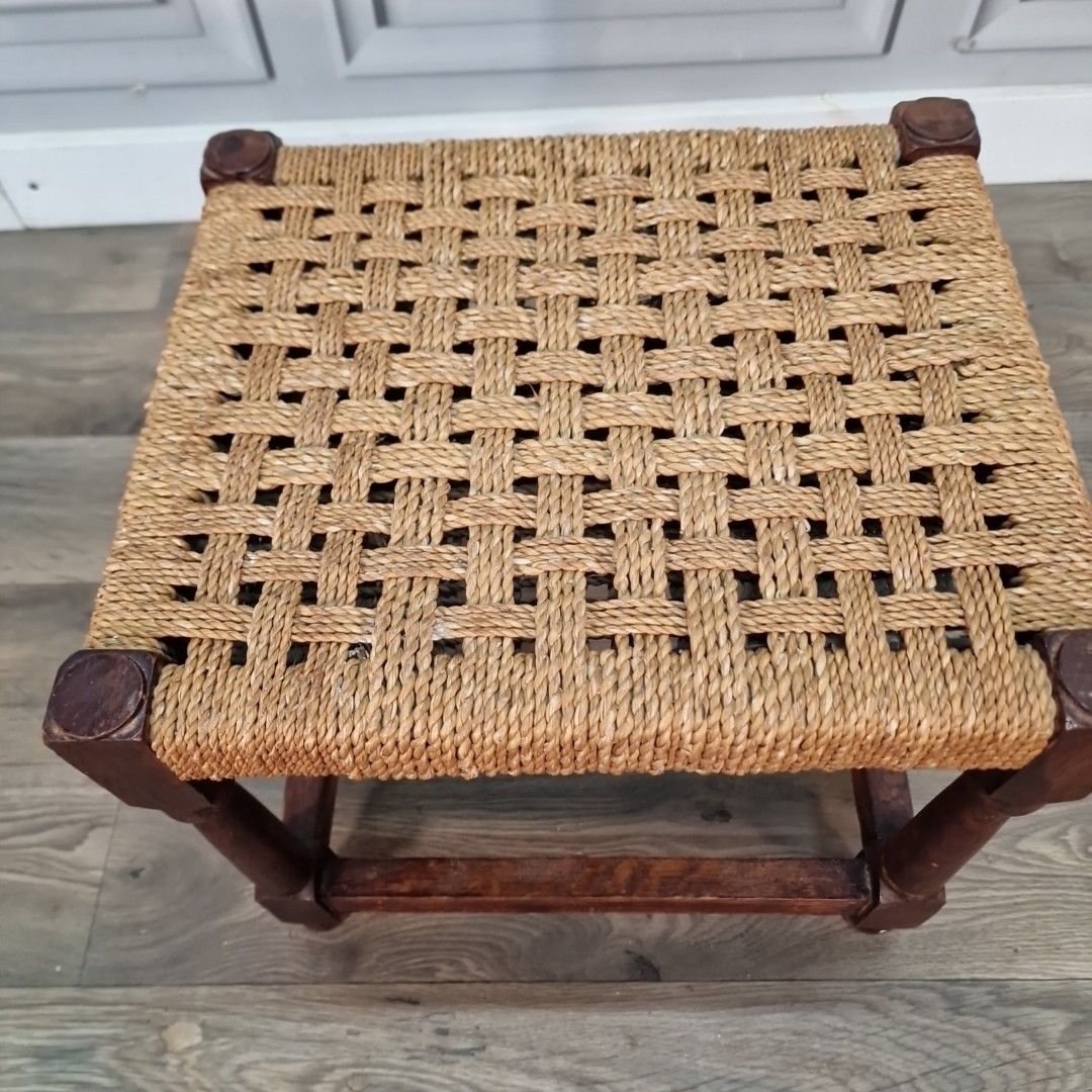 Antique Rush Foot Stool Oak Farmhouse Country Style Rope Footstool Rest photo 60.0