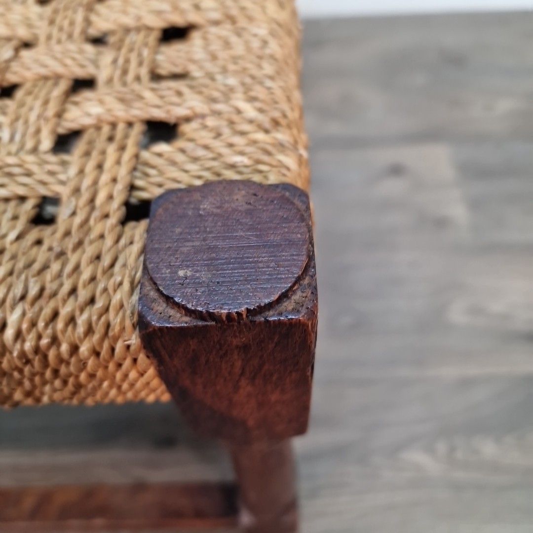 Antique Rush Foot Stool Oak Farmhouse Country Style Rope Footstool Rest photo vintage