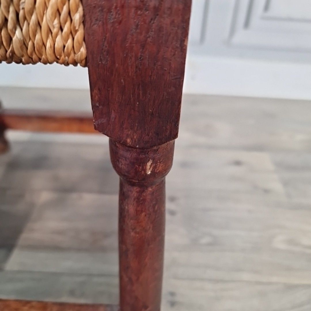 60.0 Antique Rush Foot Stool Oak Farmhouse Country Style Rope Footstool Rest photo