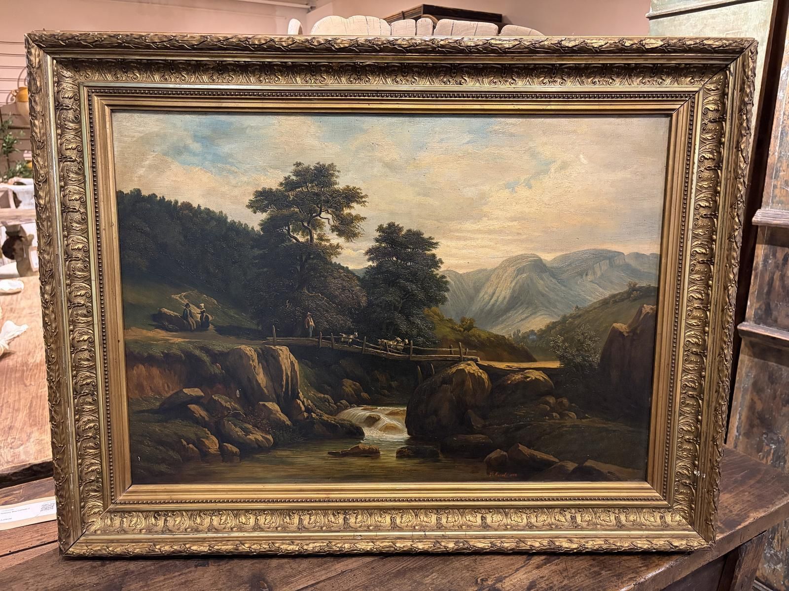 19th Century Oil On Canvas Of A Rural Scene With A Bridge photo furniture