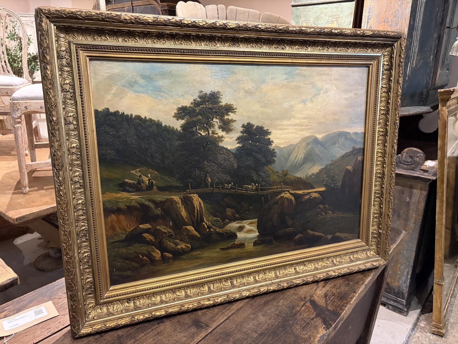 19th Century Oil On Canvas Of A Rural Scene With A Bridge photo 1195.0