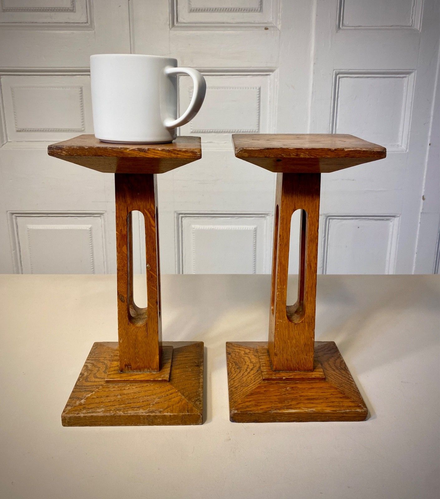A Pair Of Antique Arts & Crafts English Oak Statue / Display Stands, Pedestal. photo furniture