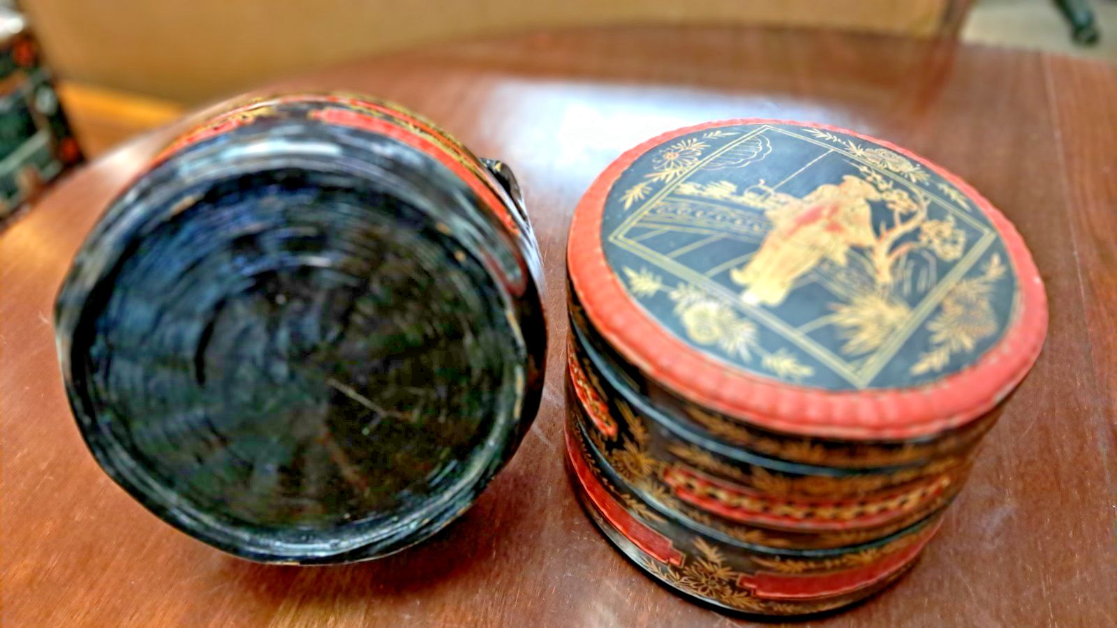photo for sale Vintage Chinese 3 Tier Wedding/Betrothal Hand Painted Red & Black Lacquer Basket
