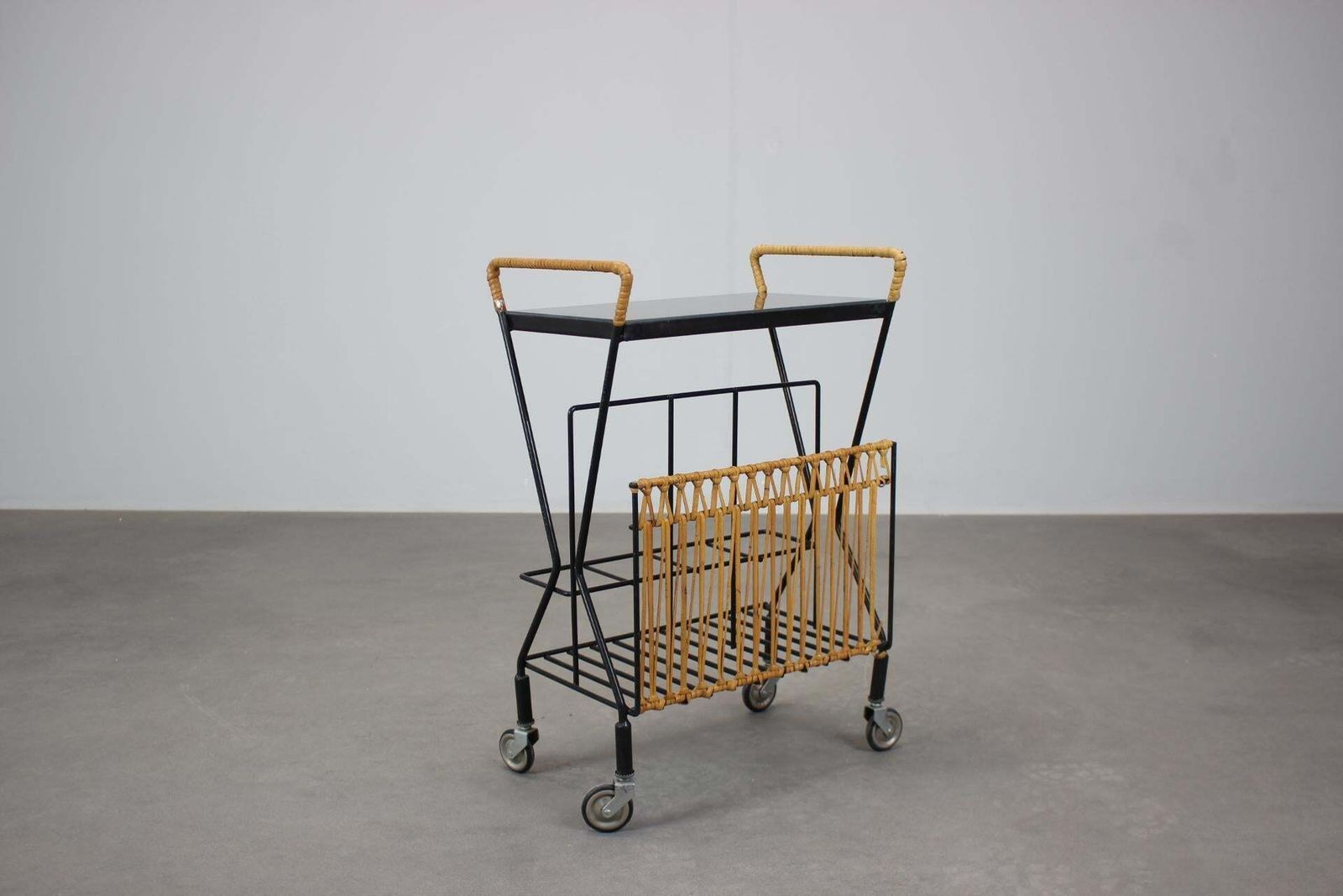Mid Century Rolling Magazine Rack Cart, 1970s, Czechoslovakia photo furniture