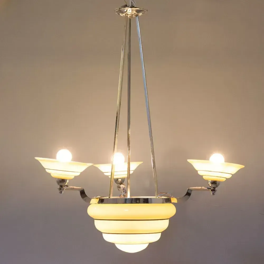 British Art Deco 3 Branch Chandelier C.1930 photo vintage