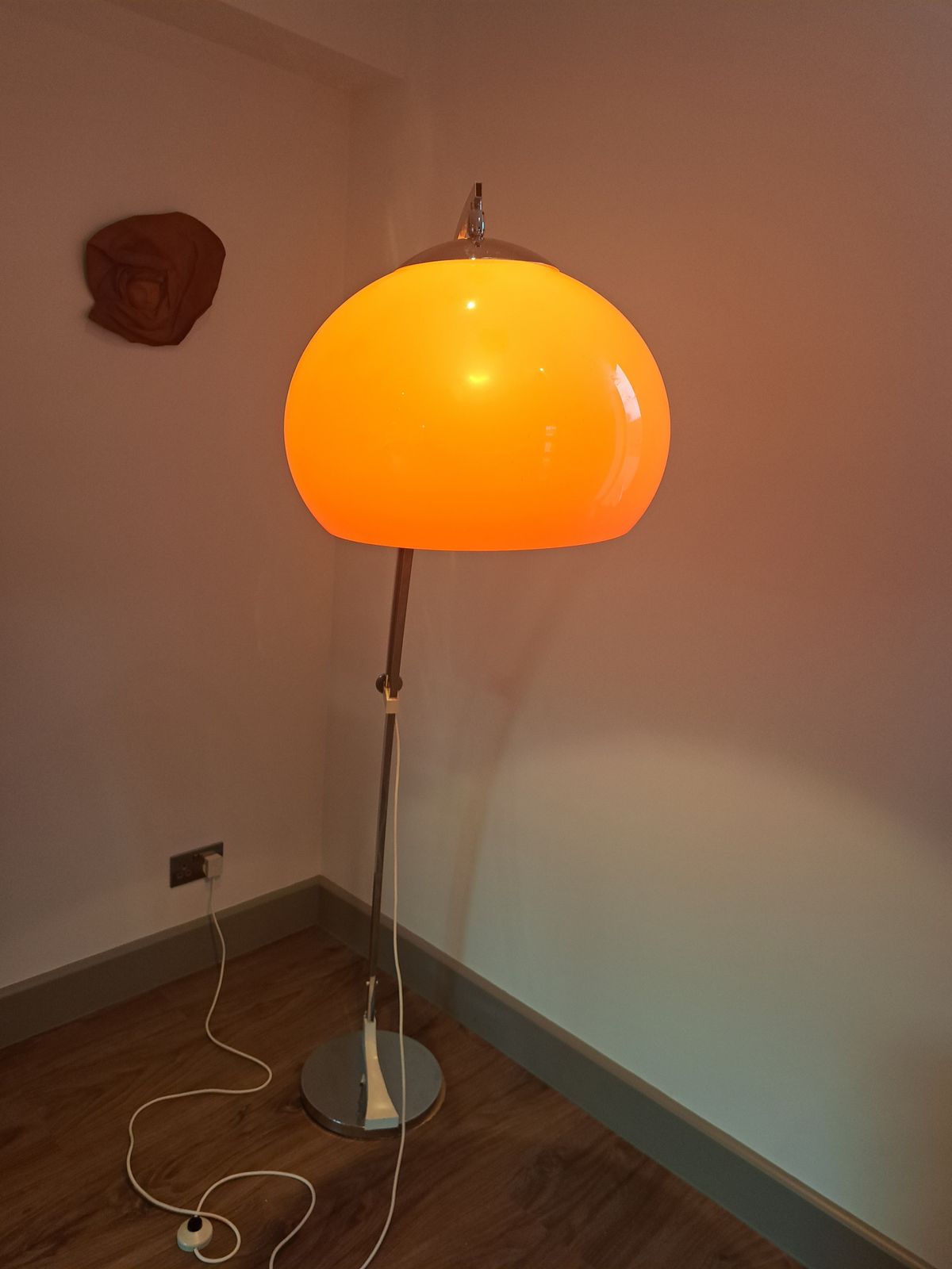 German (Solken Leutchten) Mid Century Arc Floor Lamp With Orange Plexiglass Shade (Probably Goffredo Reggiani) photo Lighting