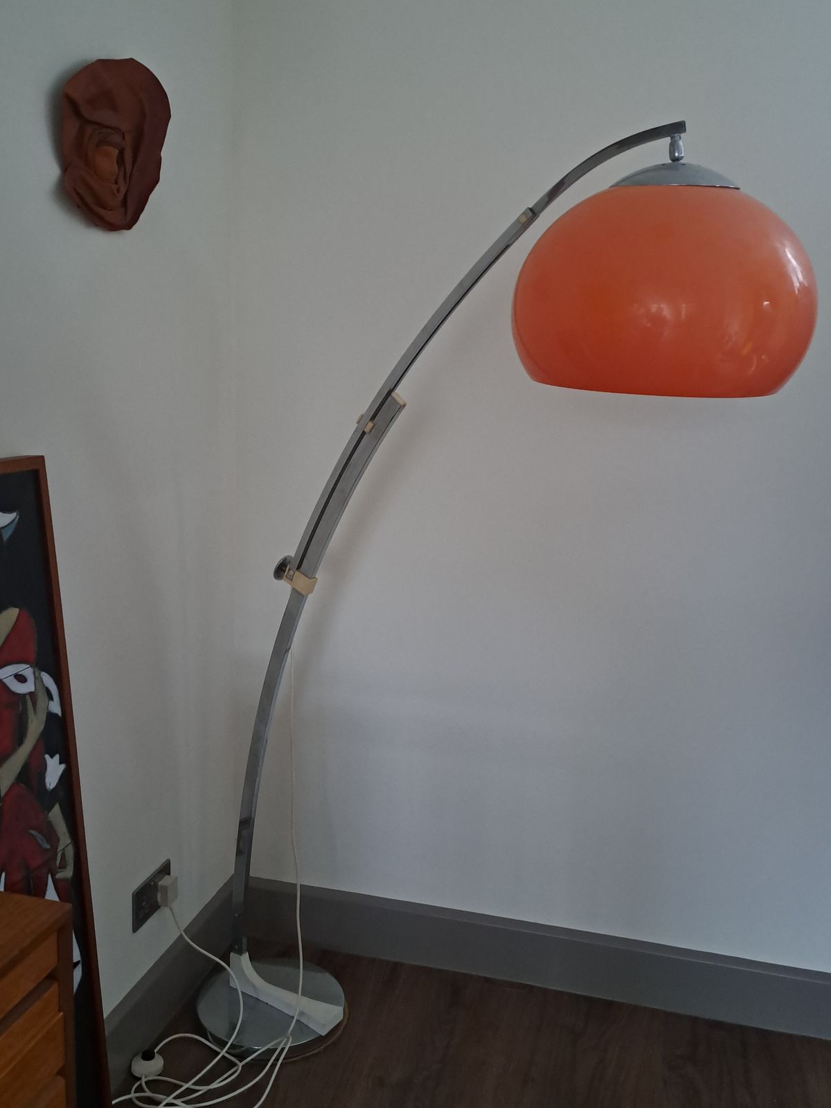 photo furniture German (Solken Leutchten) Mid Century Arc Floor Lamp With Orange Plexiglass Shade (Probably Goffredo Reggiani)