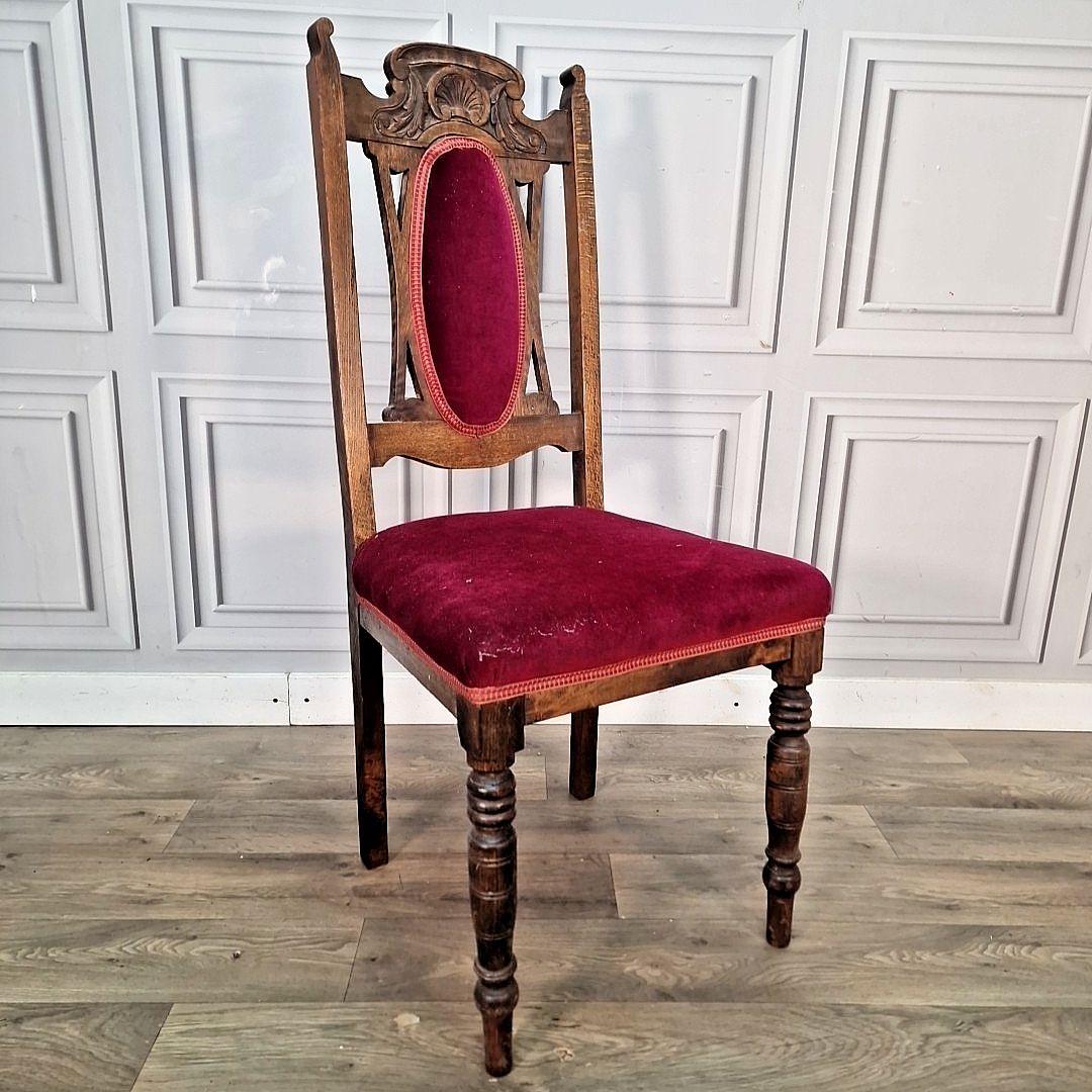 Antique Oak Dining Chair Carved Back Velvet Victorian Throne Seat Vintage