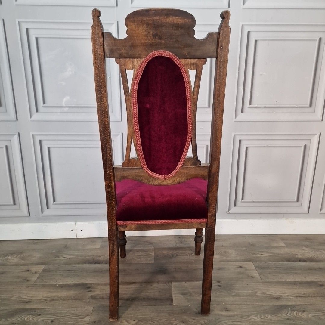 photo vinterior Antique Oak Dining Chair Carved Back Velvet Victorian Throne Seat Vintage