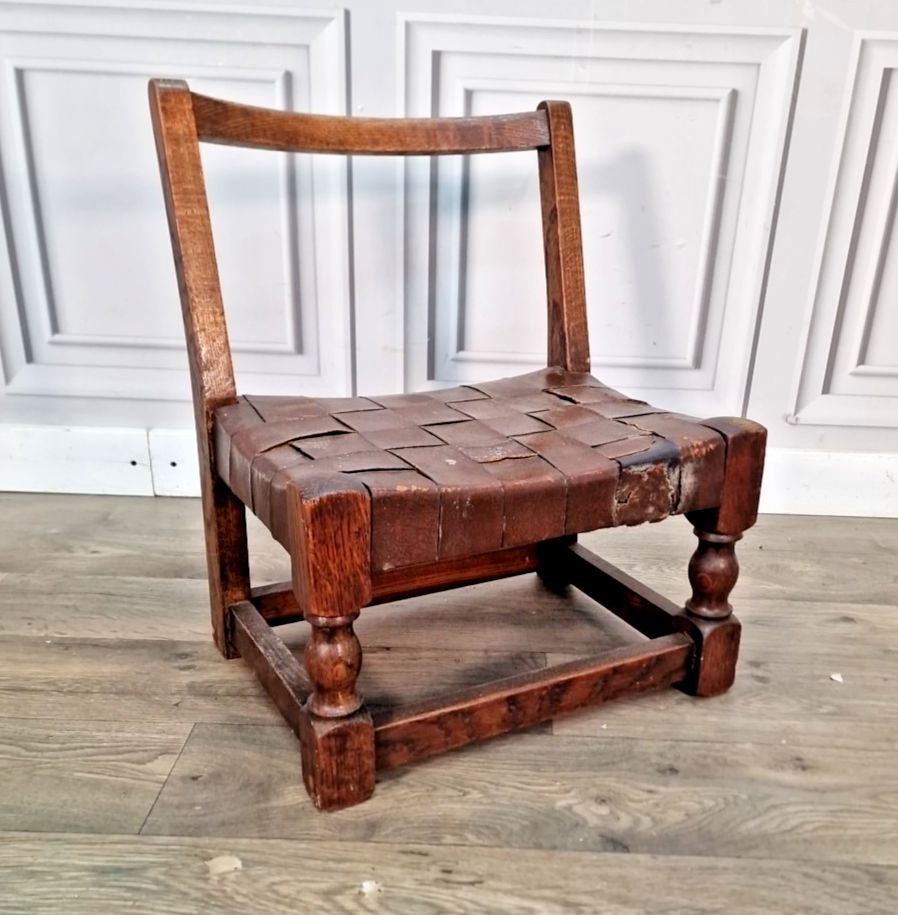 Antique Low Oak Chair Stool Jacobean Revival Arts & Crafts Leather Fireside Seat
