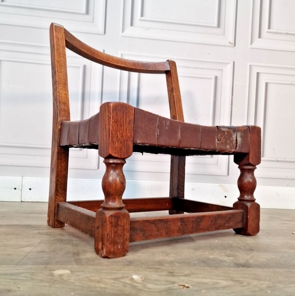 Antique Low Oak Chair Stool Jacobean Revival Arts & Crafts Leather Fireside Seat photo for sale