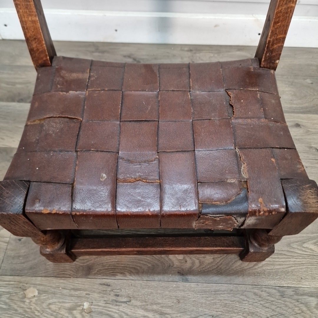 Antique Low Oak Chair Stool Jacobean Revival Arts & Crafts Leather Fireside Seat photo Furniture