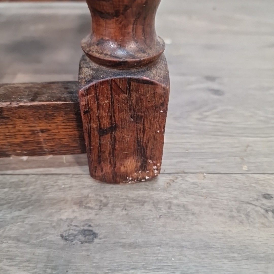130.0 Antique Low Oak Chair Stool Jacobean Revival Arts & Crafts Leather Fireside Seat photo