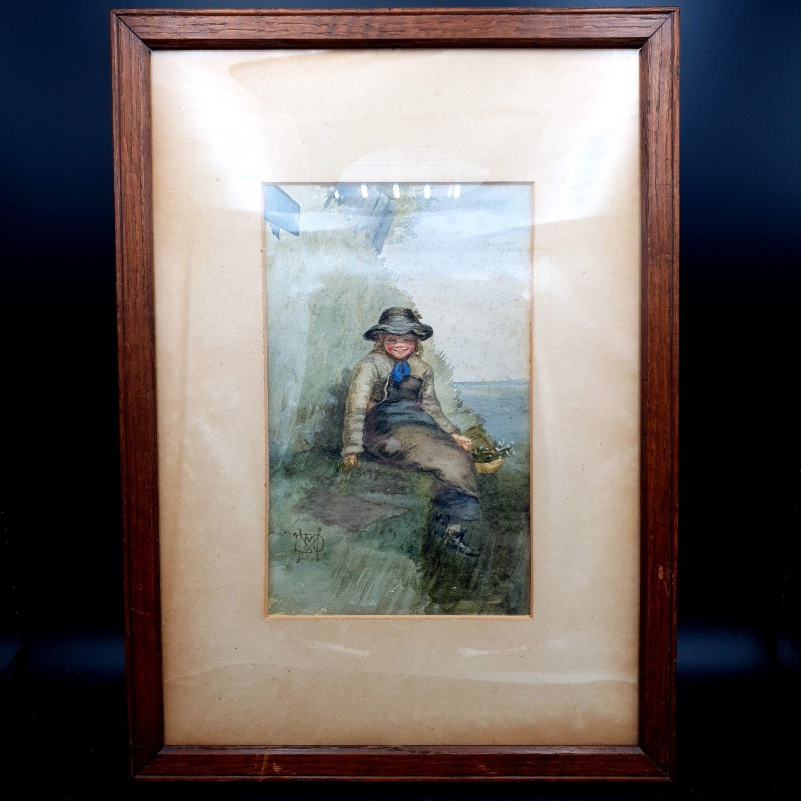 Antique Signed Watercolour Flower Girl C1890 1910 Wood Framed W30cmxh41cm