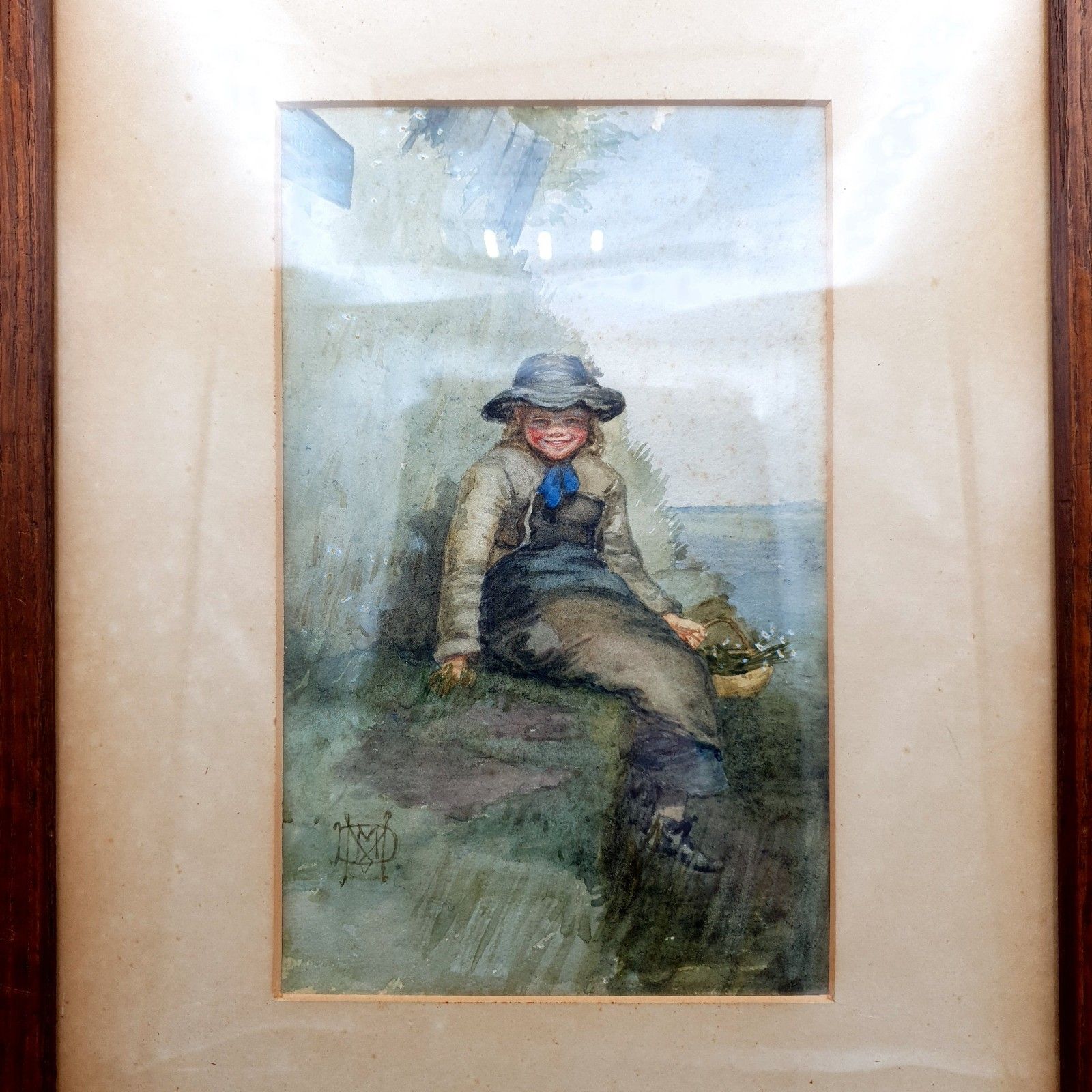 Antique Signed Watercolour Flower Girl C1890 1910 Wood Framed W30cmxh41cm photo furniture