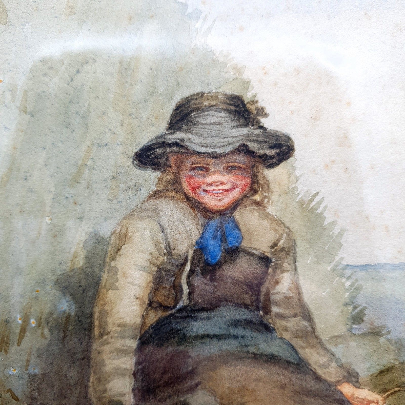 Art Antique Signed Watercolour Flower Girl C1890 1910 Wood Framed W30cmxh41cm photo