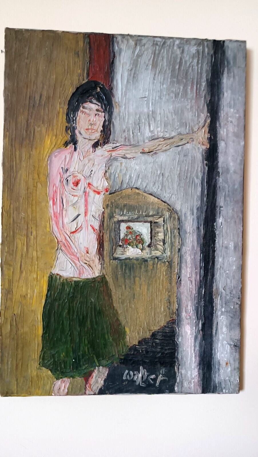 Oil Painting On Canvas Abstract 50s Female Figure Signed photo furniture