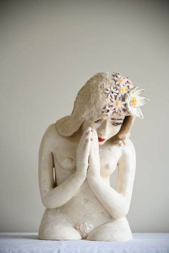 Studio Pottery Seated Female Figure With Floral Headdress photo furniture