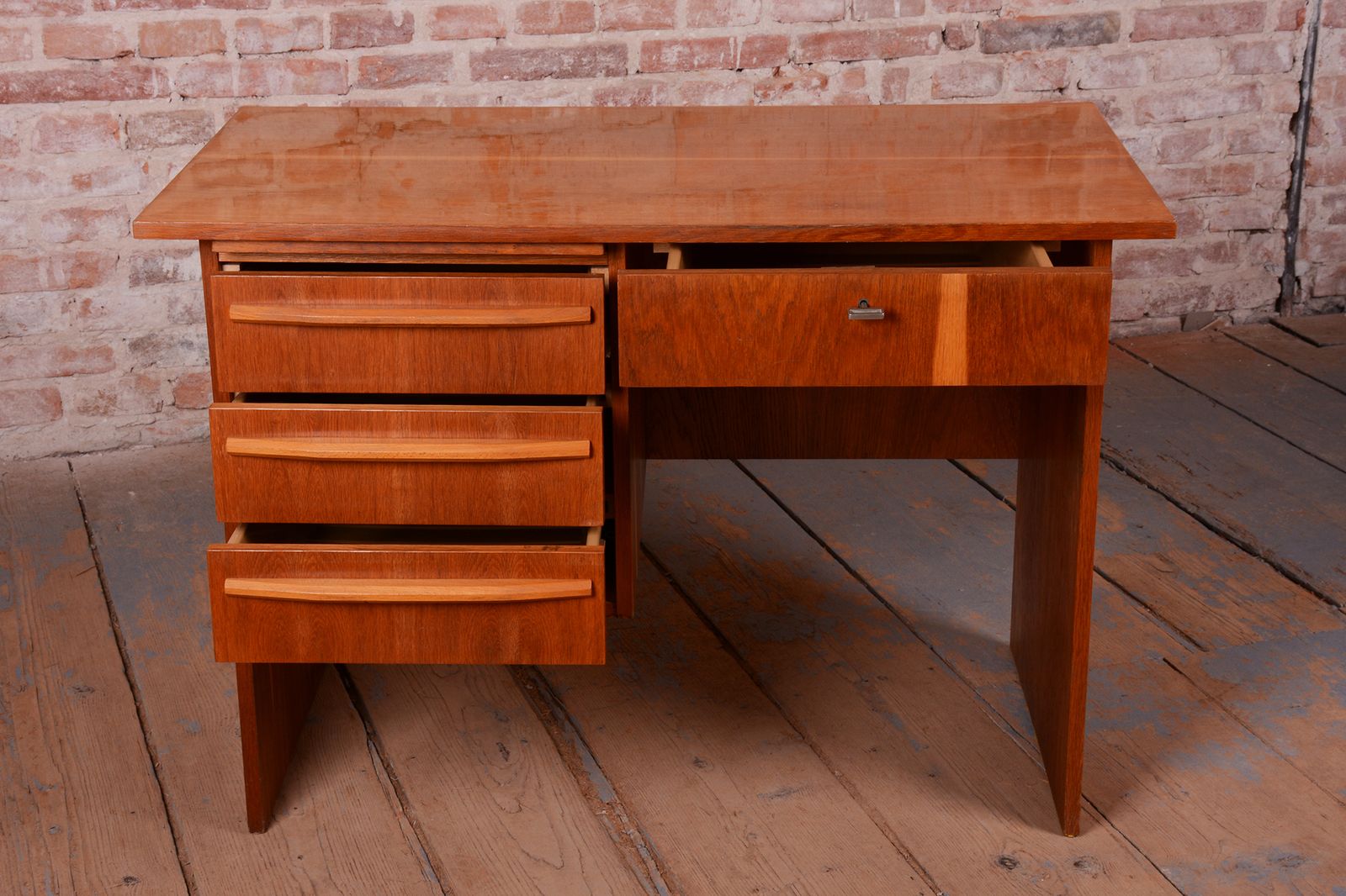 Restored Mid Century Writing Desk, By Interier Praha, Oak, Polished, Czech, 1950s photo Furniture