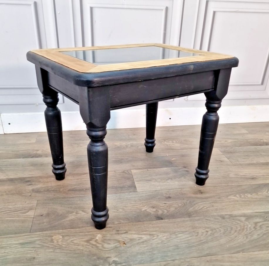 Vintage Oak Side Table Glass Top Black Painted Base Coffee Lamp Wooden