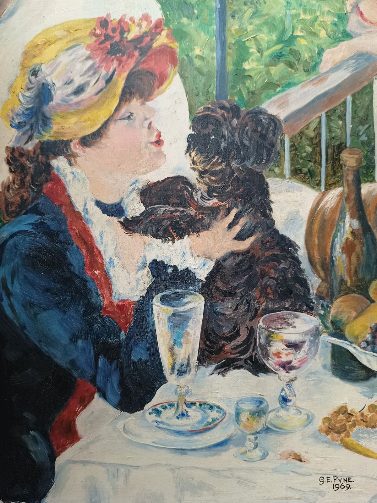Oil Painting Girl With Dog At Luncheon Boat Party After Renoir. photo furniture