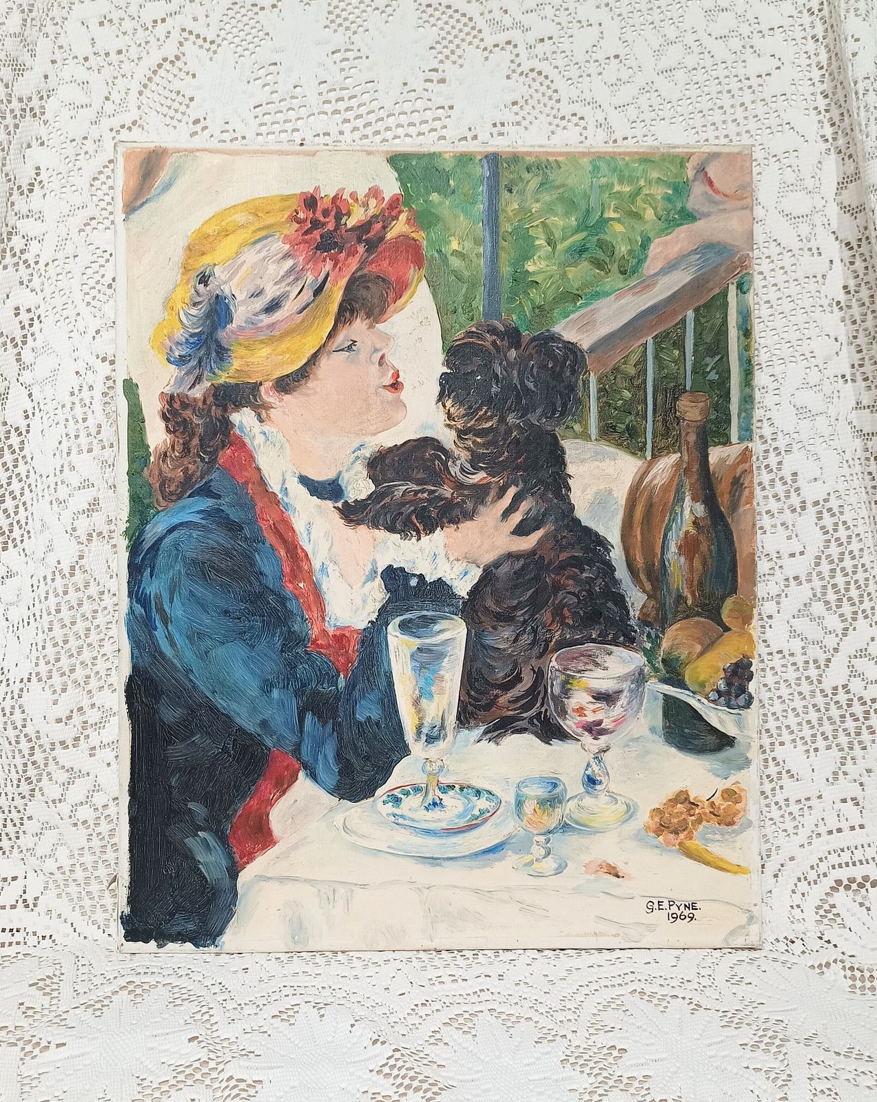 Oil Painting Girl With Dog At Luncheon Boat Party After Renoir. photo 350.0