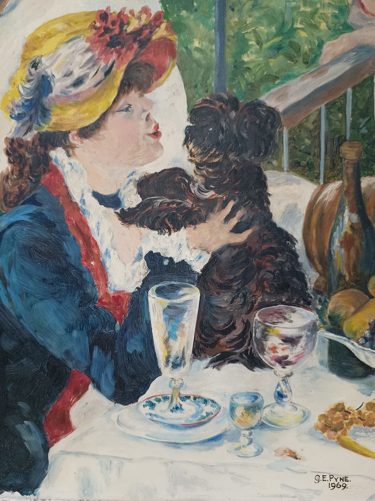 Oil Painting Girl With Dog At Luncheon Boat Party After Renoir. photo buy