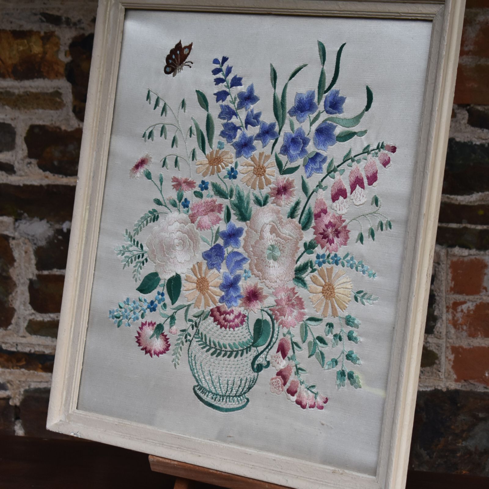 Antique Handmade Crewelwork Vase Of Flowers Embroidery Tapestry On Silk Framed photo Art