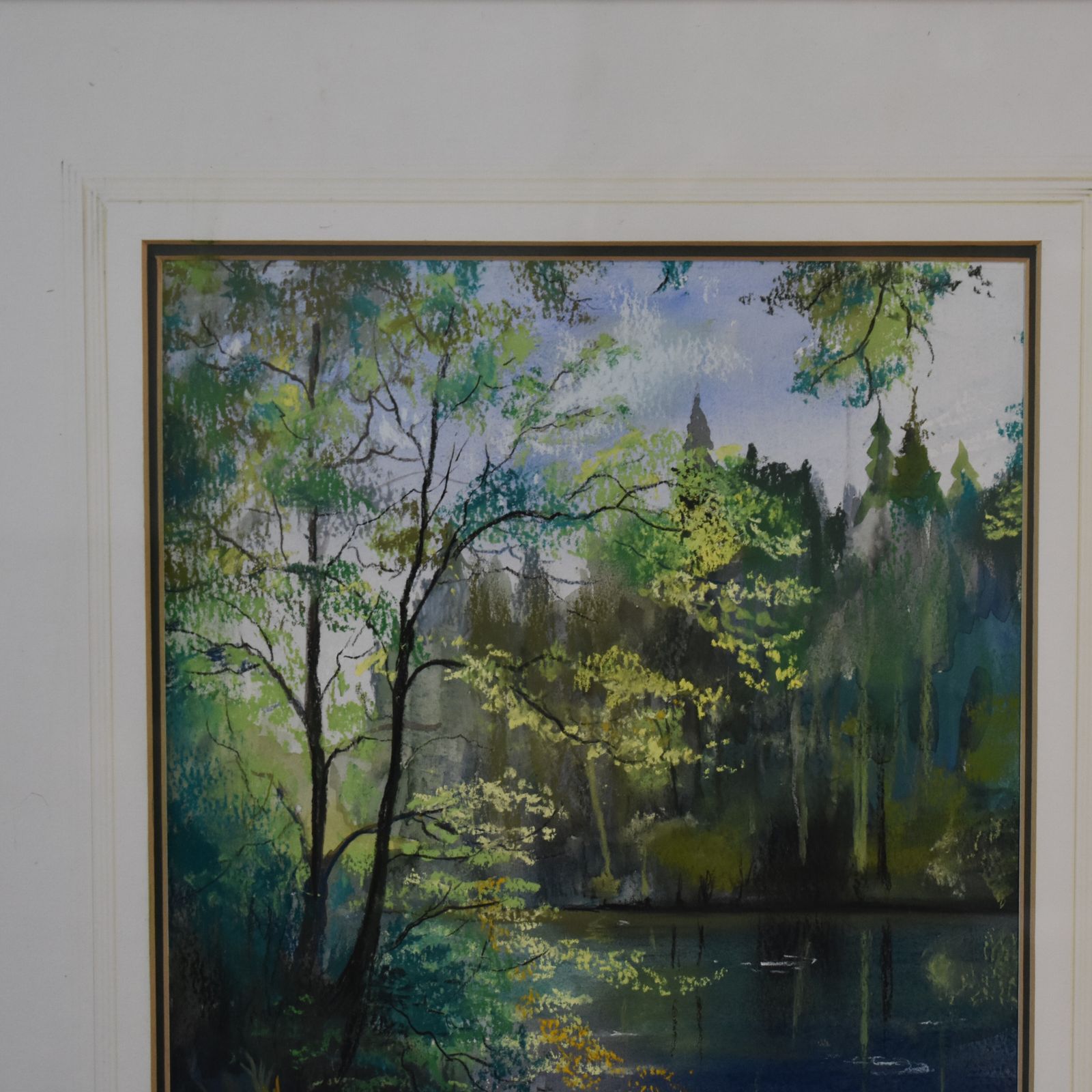 Vintage Jan Bates Blue Lake & Green Forest Trees Gouache Pastel Framed Picture photo 145.0