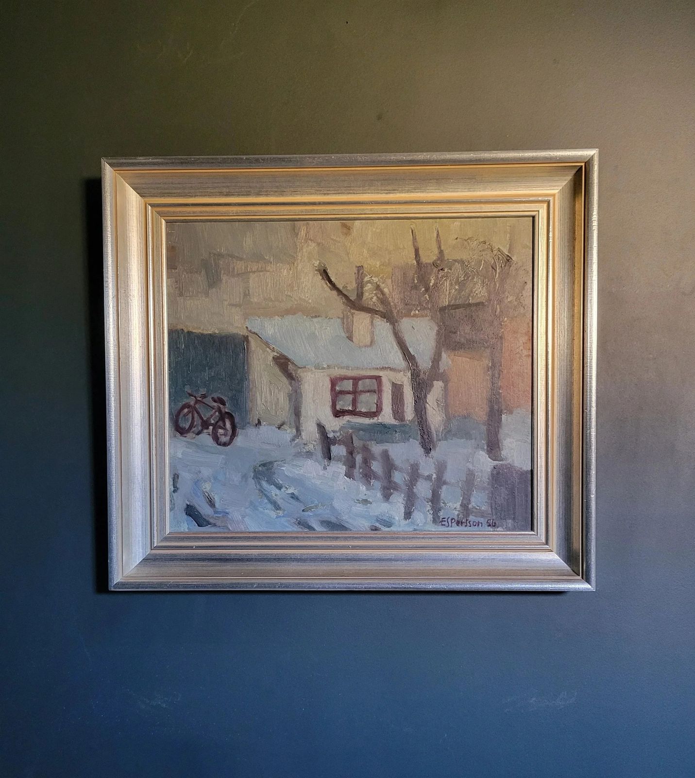 photo vinterior Winter Return  Original Framed Mid Century Landscape Oil Painting