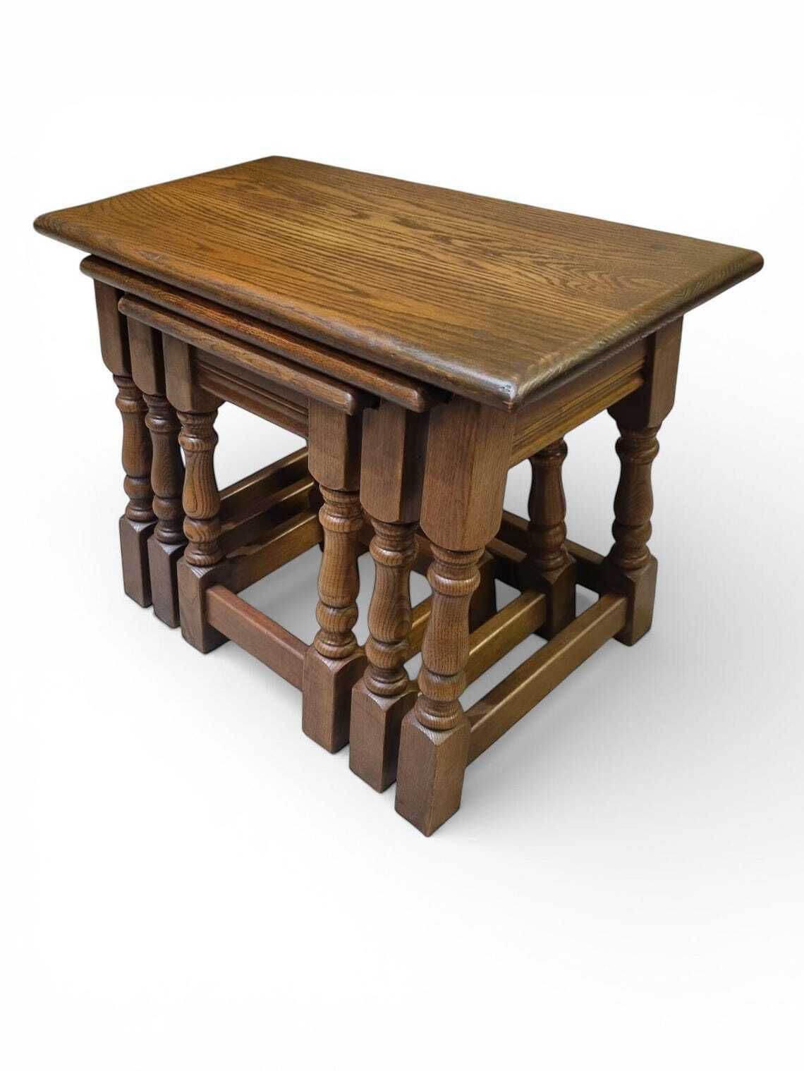 Vintage Old Charm Wood Bros  Solid Oak Wooden Nest Of 3 Tables  C1960 photo for sale