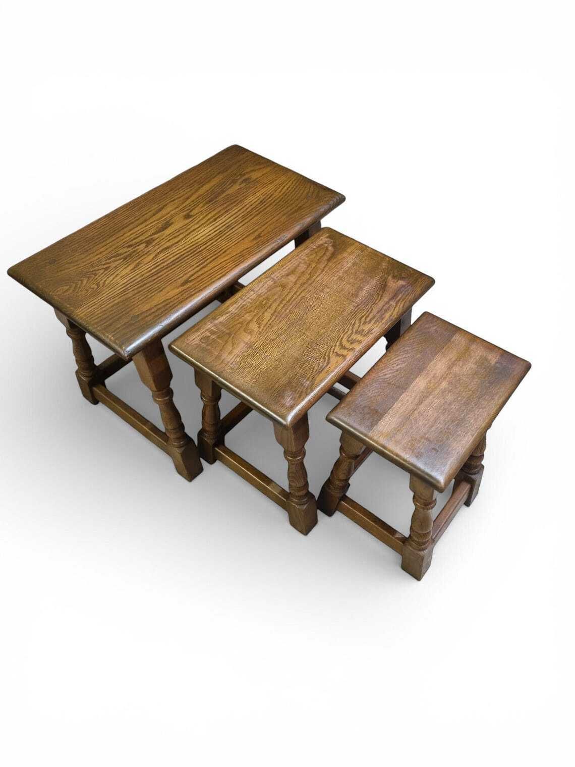 Vintage Old Charm Wood Bros  Solid Oak Wooden Nest Of 3 Tables  C1960 photo vinterior