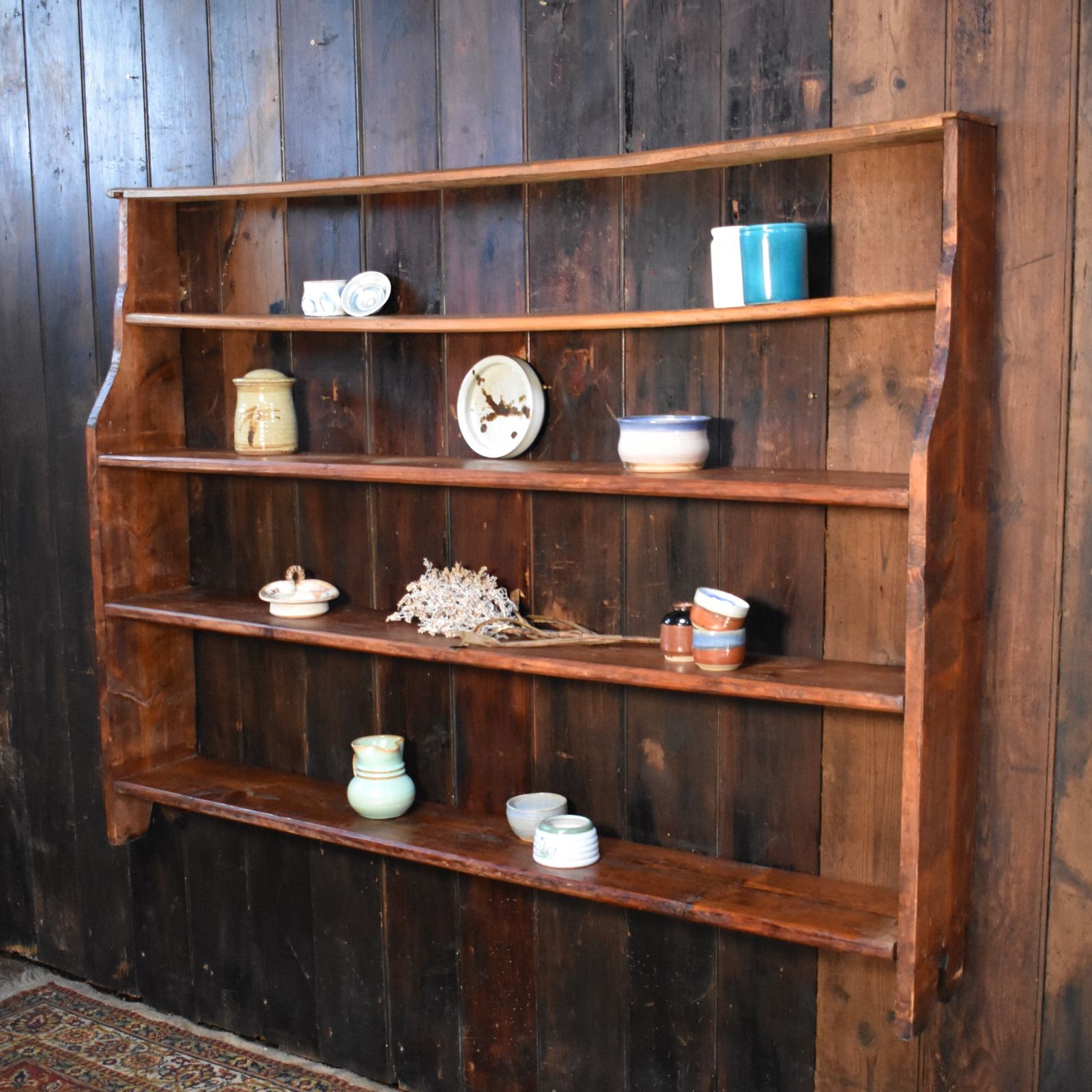 Antique Rustic Farmhouse Elm & Pine Pegged Plate Rack Large Dresser Wall Shelves photo furniture