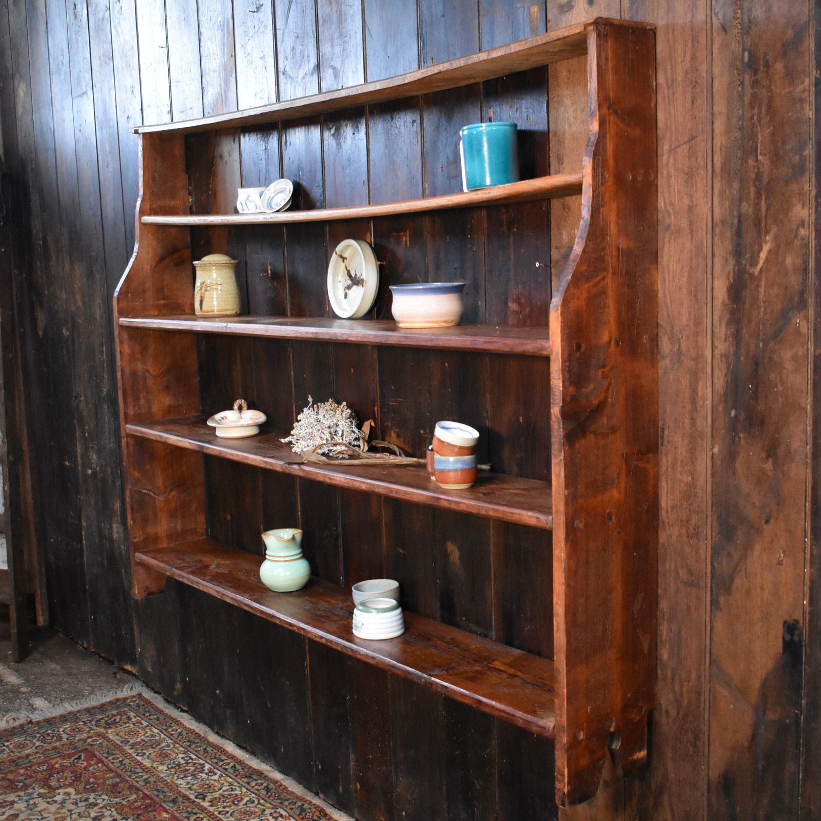 Antique Rustic Farmhouse Elm & Pine Pegged Plate Rack Large Dresser Wall Shelves photo vinterior