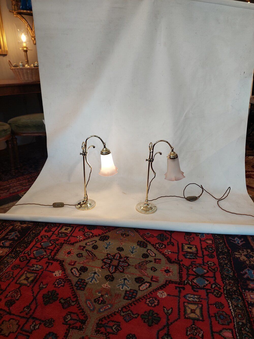 Pair Of Early 20thc Brass Swan Neck Desk Lamps photo vinterior